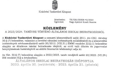 A 2023/2024-es tanévi tankerületi beiratkozási közlemény